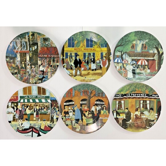 Complete Set of 6 GUY BUFFET Marche Aux Fleurs Dinner Plates French Cafe Scenes - Picture 2 of 14